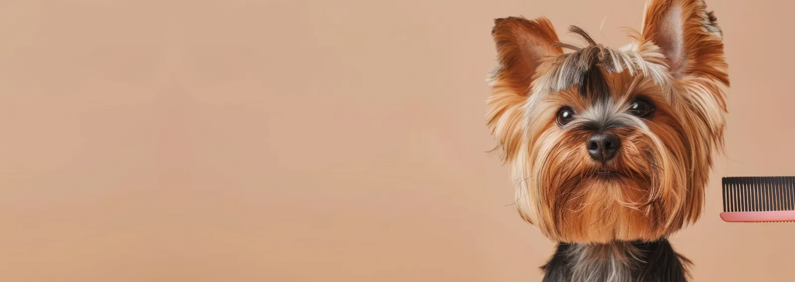 Yorkshire terrier with a fresh groom beside a pink comb