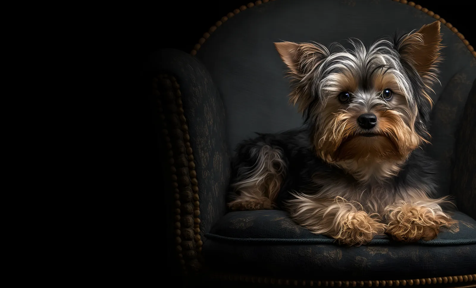 Yorkshire terrier resting on a velvet armchair