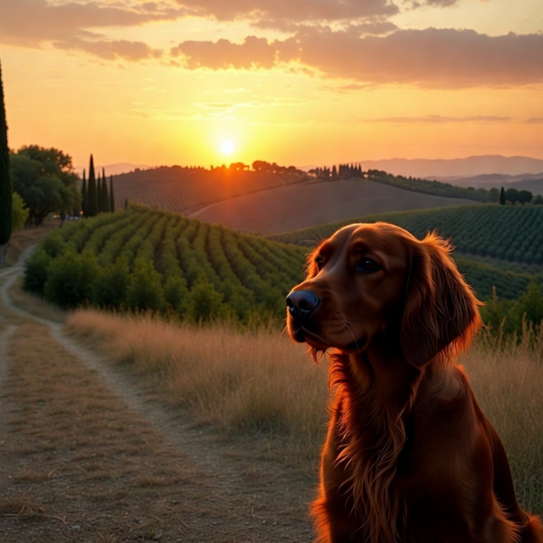 Irish Setter overlooking Tuscan vineyards at sunset