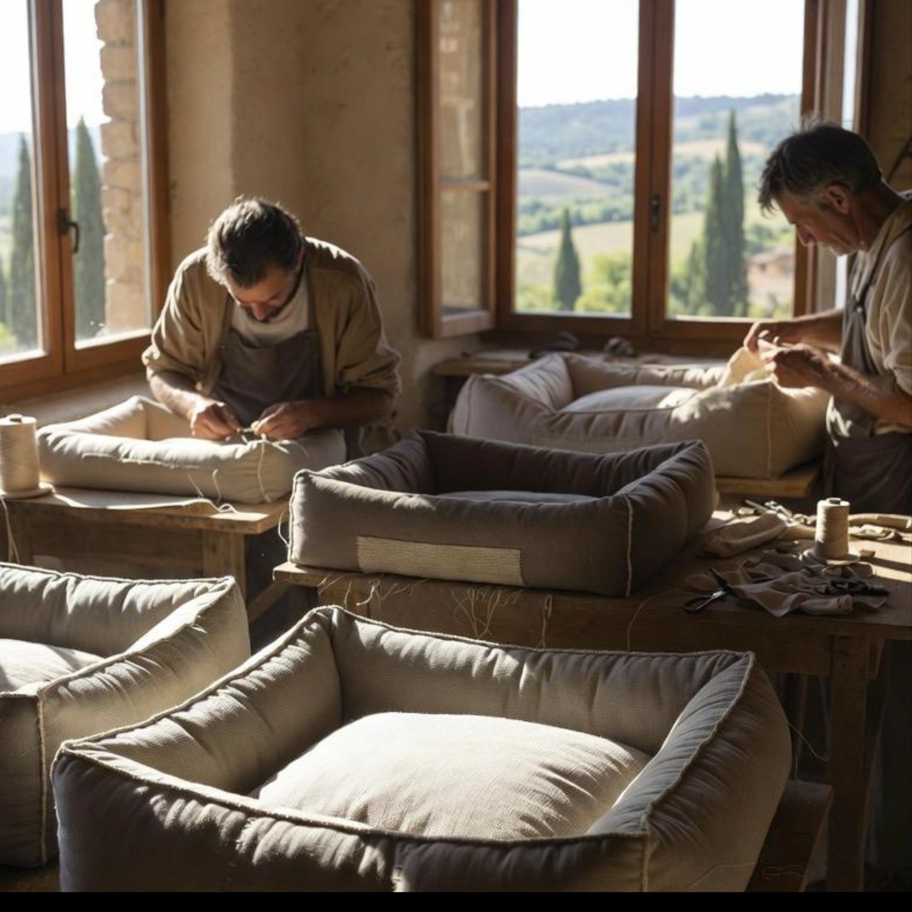 Artisans hand-finishing pet beds in sunlit Tuscan workshop