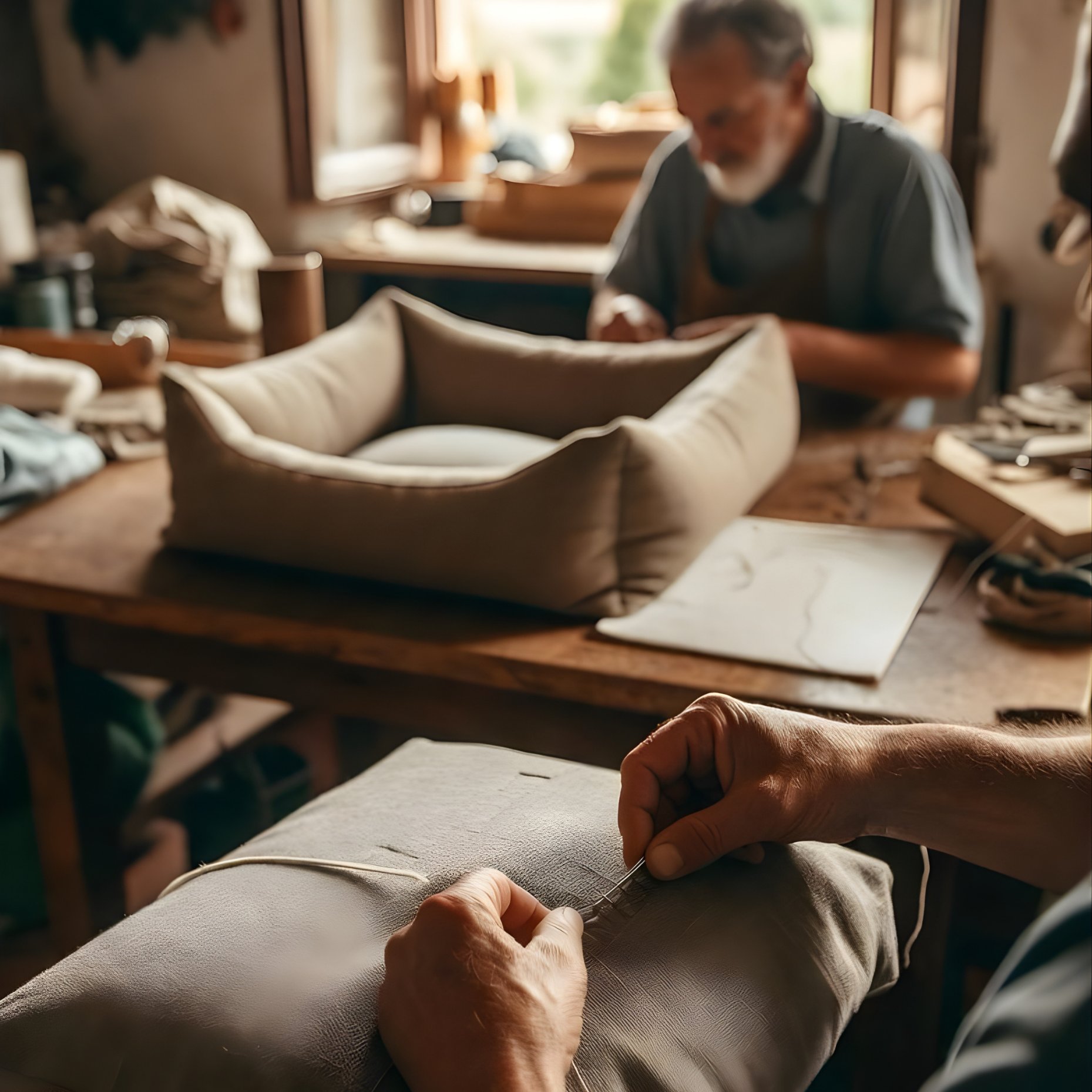 Close-up of artisan hand-stitching a linen pet bed
