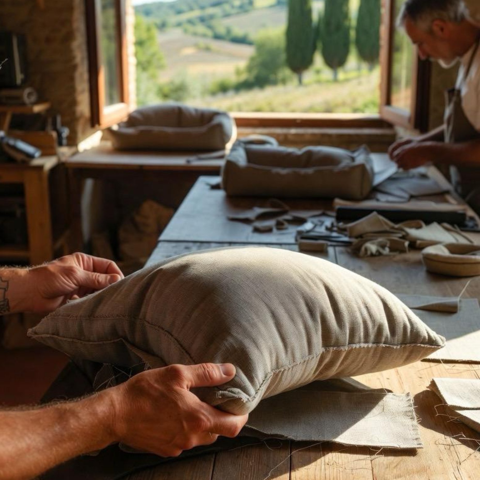 Artisan hands shaping a linen cushion in the Tuscan workshop