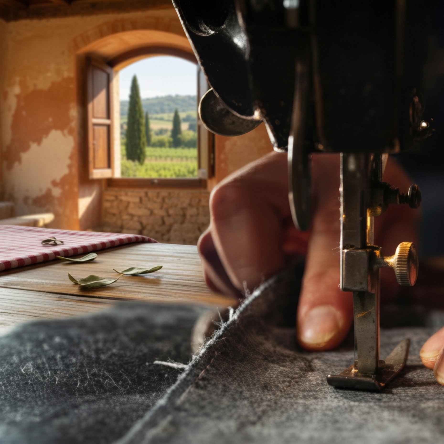 Close-up of vintage sewing machine stitching wool fabric