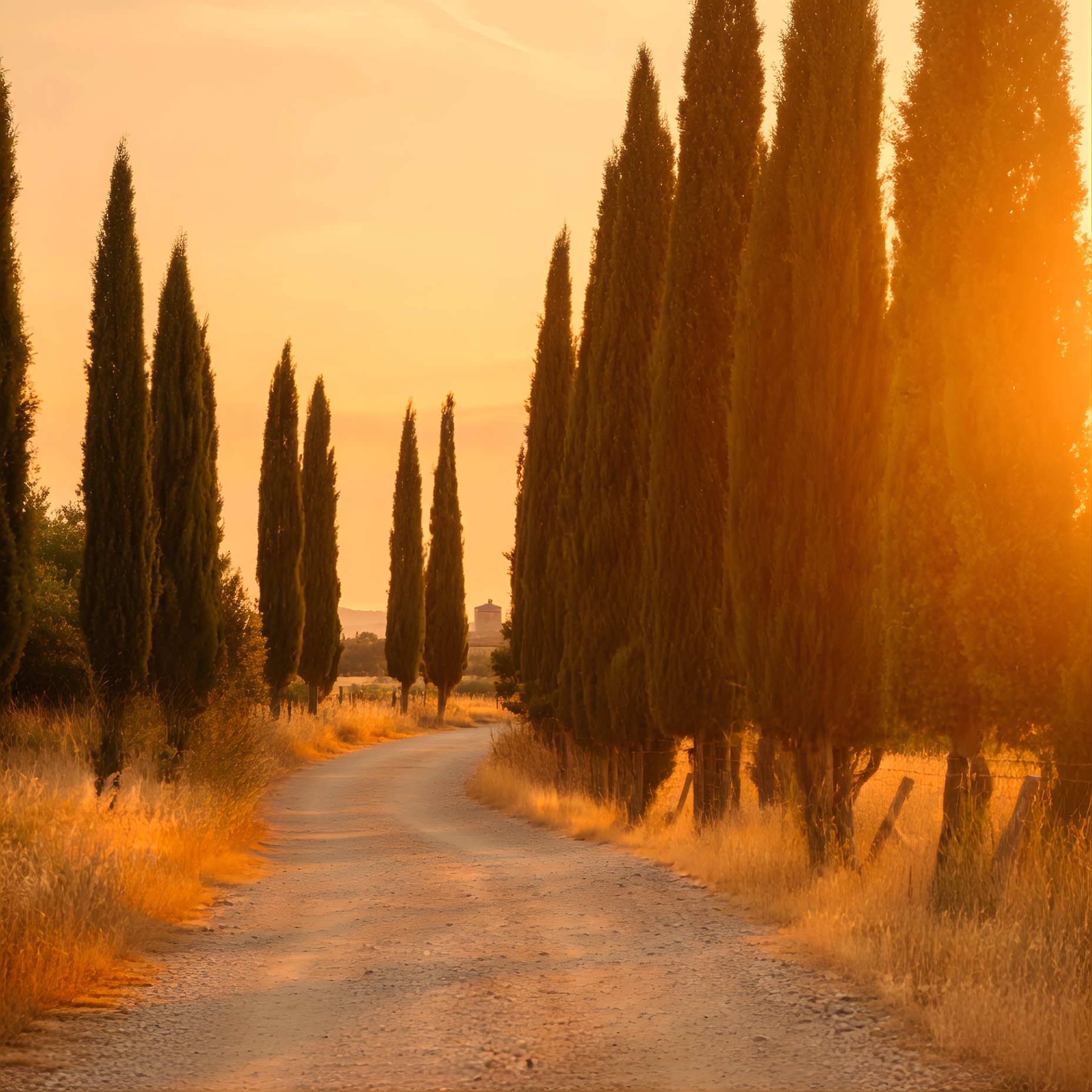 Cypress-lined road through Tuscan countryside at golden hour