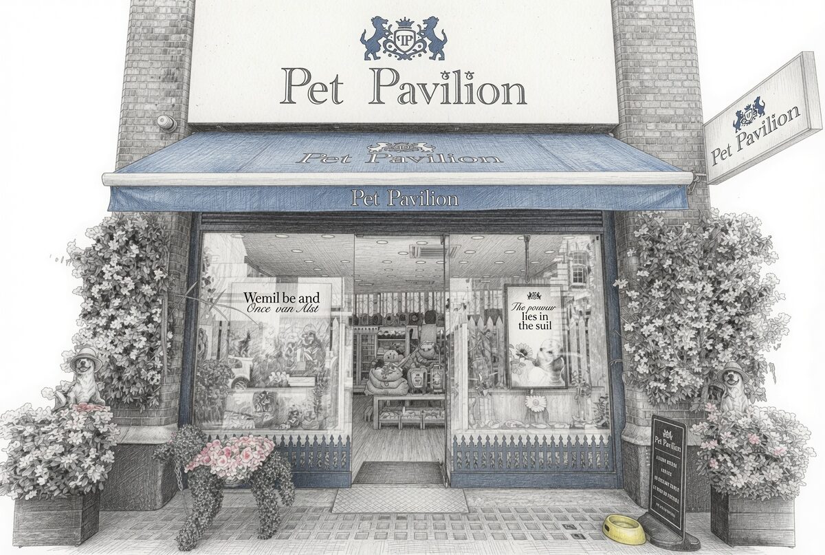 Pencil illustration of a Pet Pavilion shopfront: blue awning, window displays, flowering window boxes and dogs waiting by the door.
